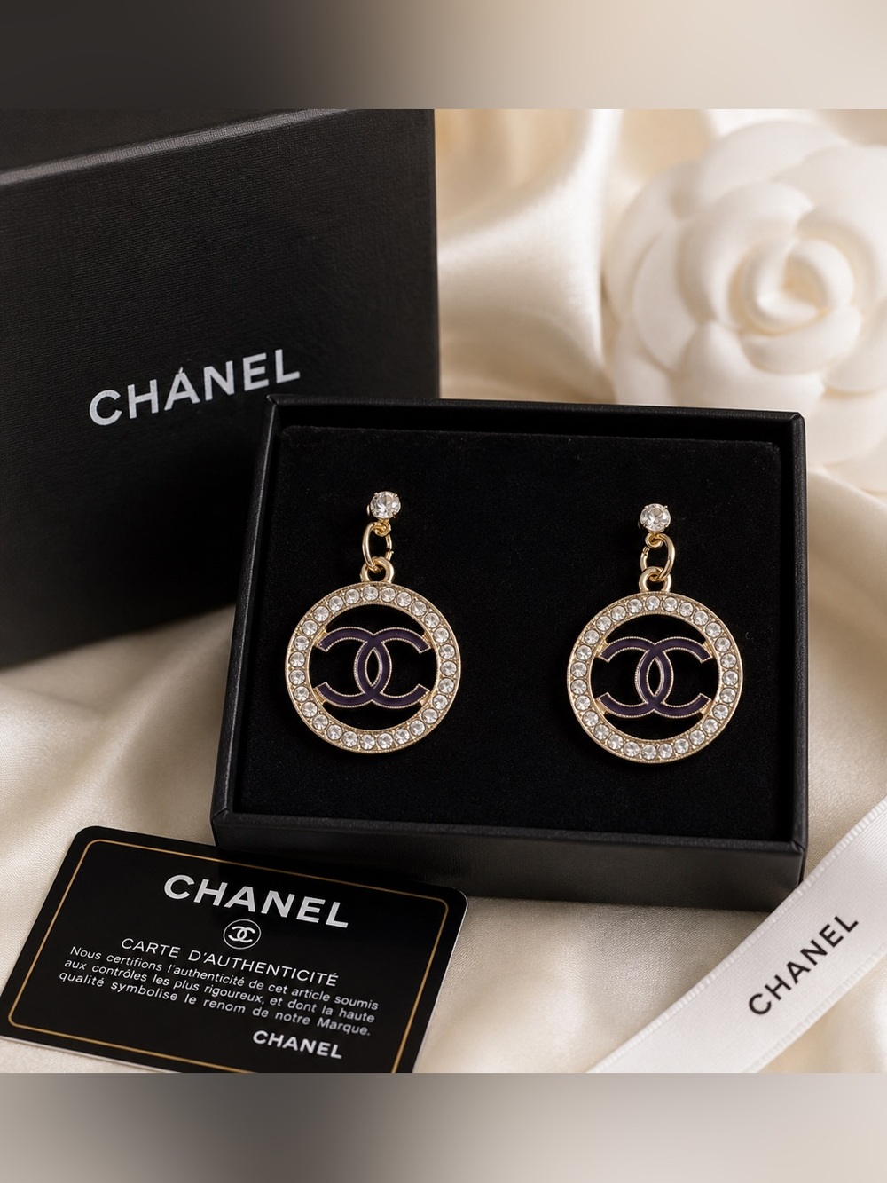 CHANEL inspired Gold-Tone Crystal CC Drop Earrings with Black Enamel